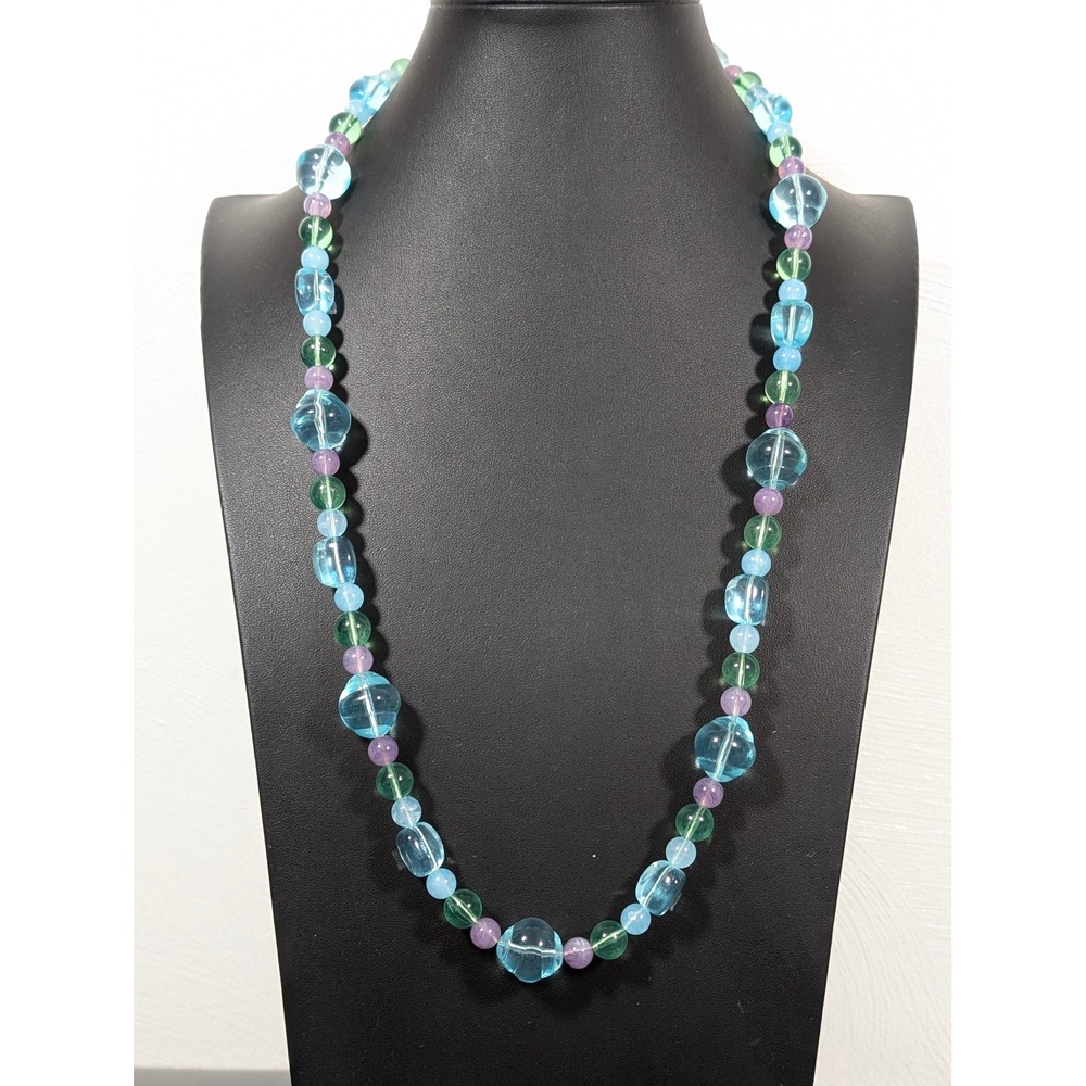 Vintage Avon Sea Swept Lucite Bead Necklace Aqua Blue Green Purple 29" Coastal
